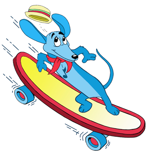 longfellow blue wiener dog on skateboard